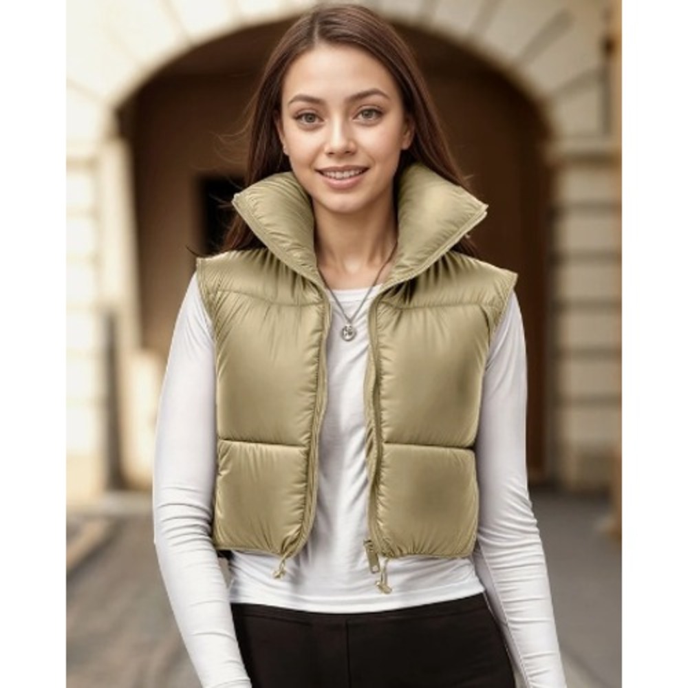 NWT Women's NY Threads Cropped Puffer Vest Size M Olive Green